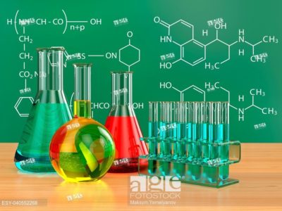 Chemical flasks and blackboard with formulas. 3d.